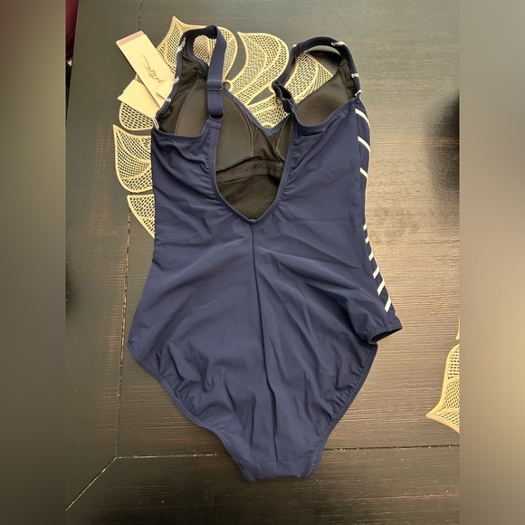 Gottex Tummy Control Surplice V Neck One Piece Swimsuit Navy White Stripes Women - Picture 10 of 11